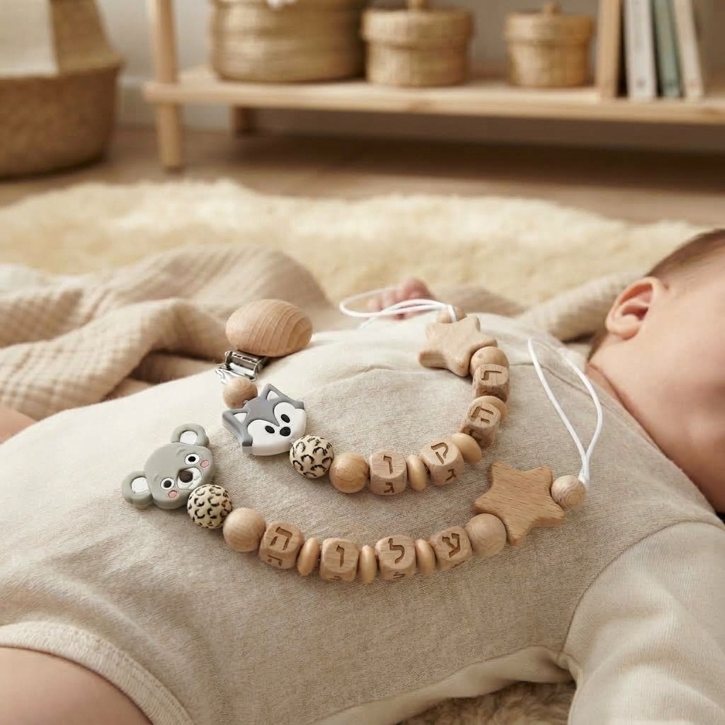 Baby Pacifier Clip - Custom Hebrew Name Pacifier Clip Personalized